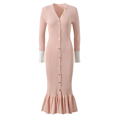 Sandro Elegant V-Neck Mermaid Knit Dress with Button Detail